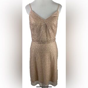 NWT KLEINFELD Sz 10 Rose Gold cocktail dress- lined sheer chiffon w/sequins